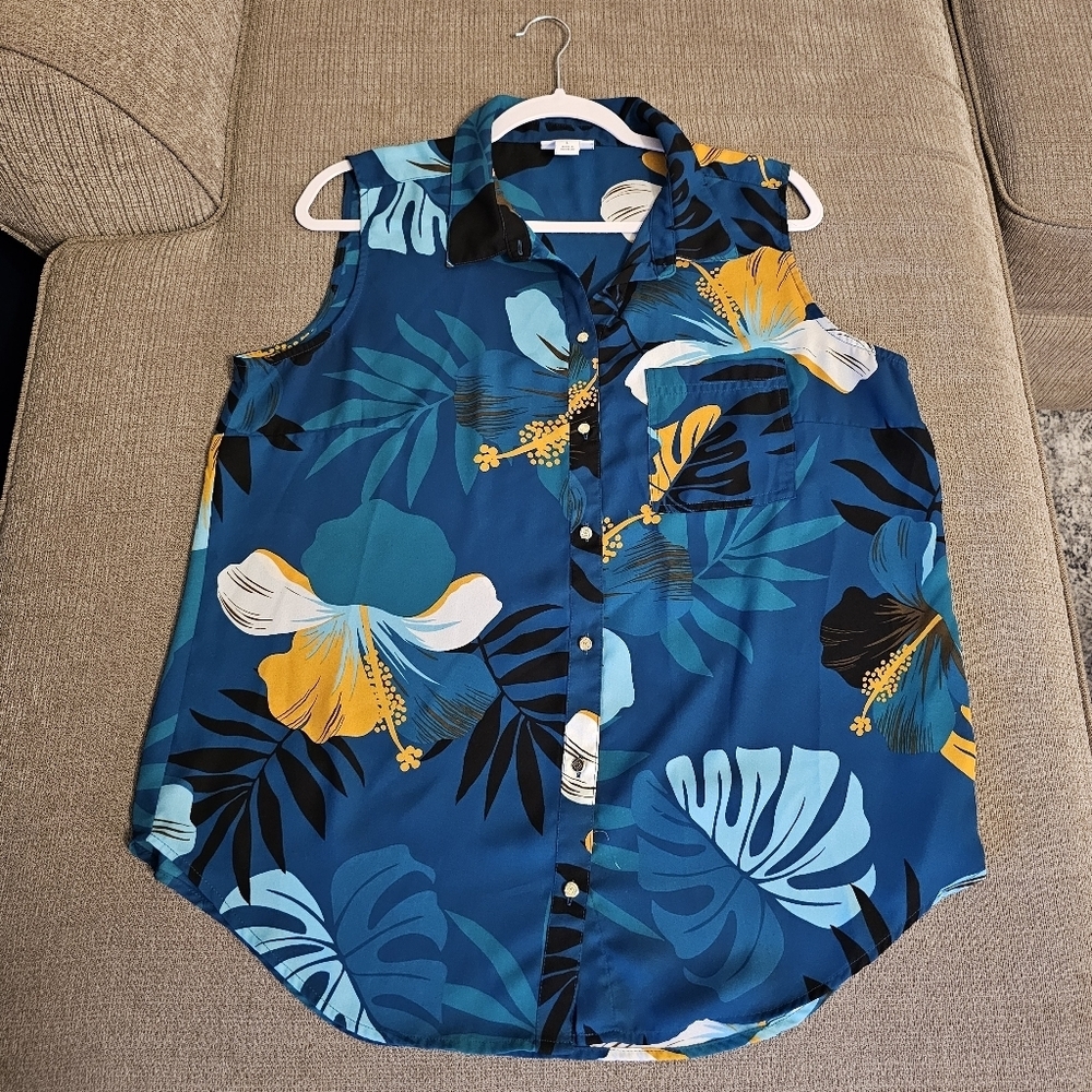 Liz Claiborne Dark Teal Gold Floral Sleeveless Button-Up Blouse Size Large